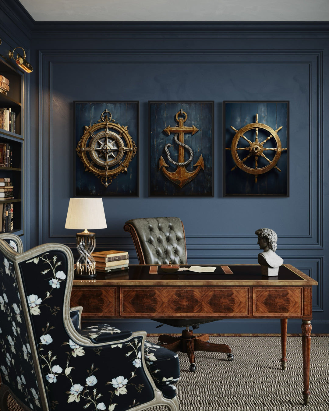 Nautical Wall Art Set of Three Maritime Prints - Anchor, Compass, Ship's Helm Framed Canvas