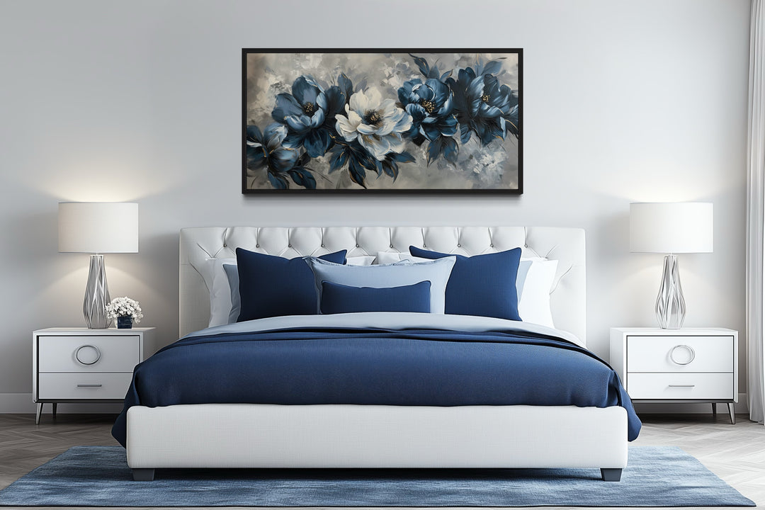 Navy Blue Abstract Flowers Framed Canvas Wall Art For Living Room