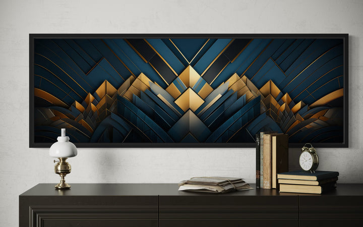 Navy Blue Gold Art Deco Panoramic Painting Framed Canvas Wall Art