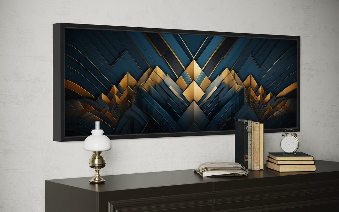 Navy Blue Gold Art Deco Panoramic Painting Framed Canvas Wall Art