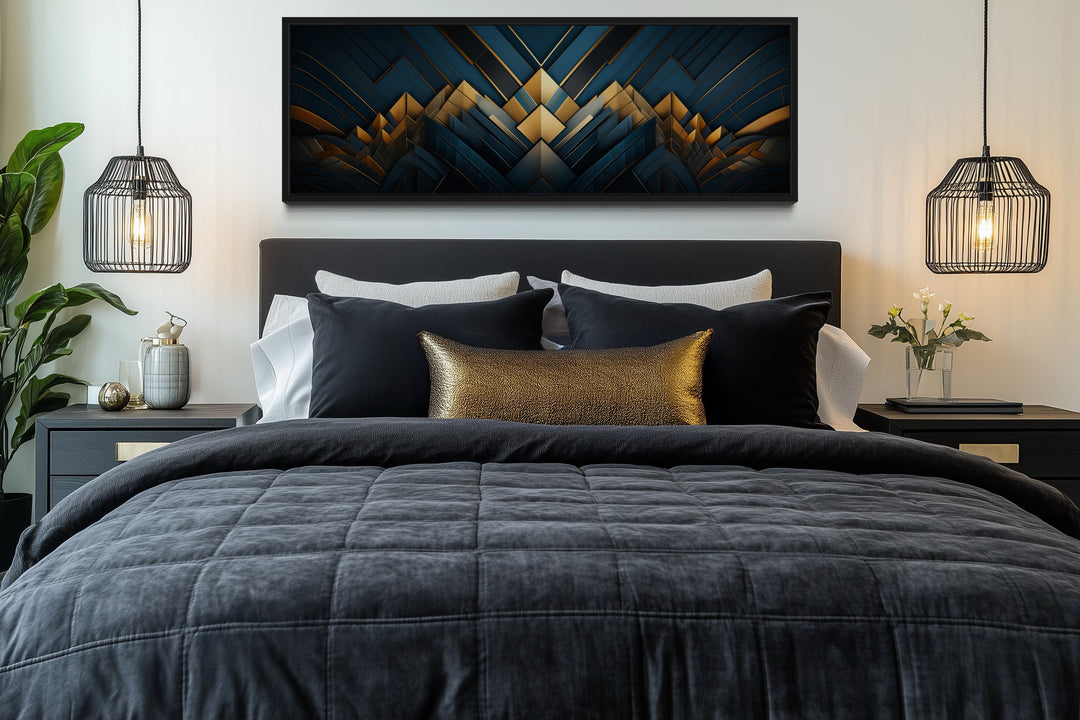 Navy Blue Gold Art Deco Panoramic Painting Framed Canvas Wall Art