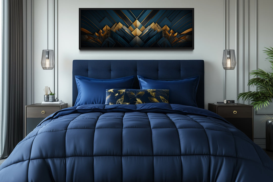 Navy Blue Gold Art Deco Panoramic Painting Framed Canvas Wall Art