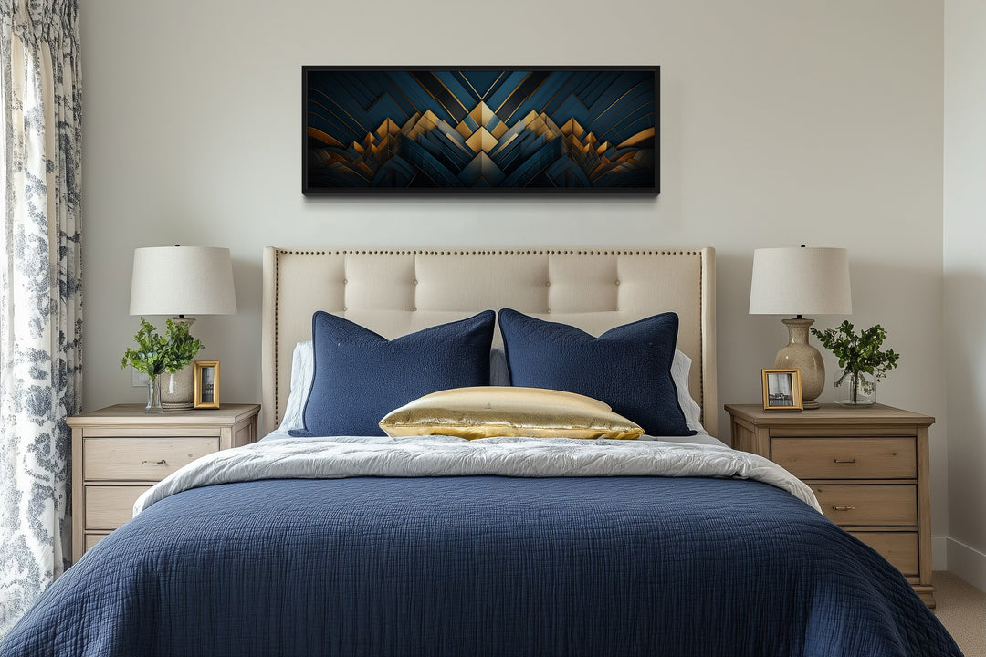 Navy Blue Gold Art Deco Panoramic Painting Framed Canvas Wall Art