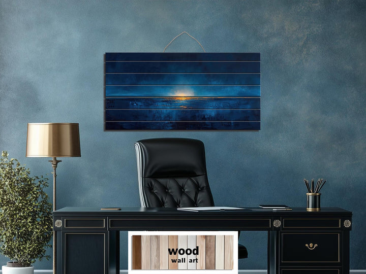 Navy Blue Gold Ocean Sunset Nautical Distressed Wood Wall Art