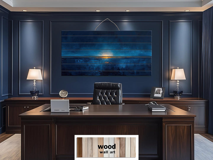 Navy Blue Gold Ocean Sunset Nautical Distressed Wood Wall Art