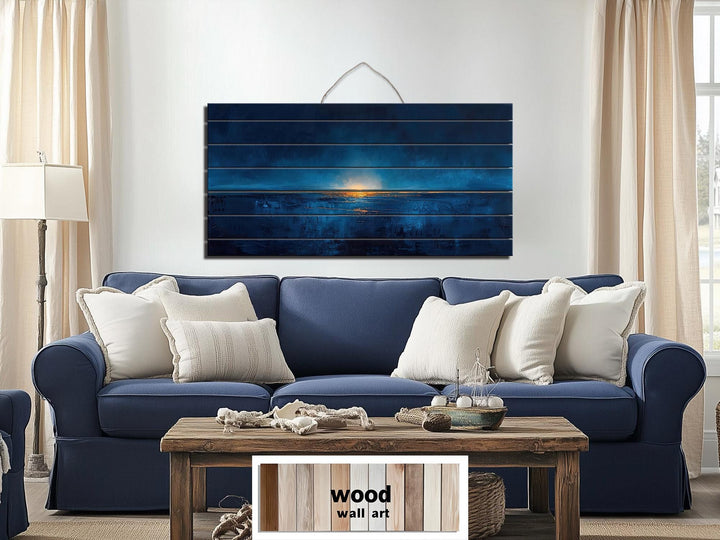 Navy Blue Gold Ocean Sunset Nautical Distressed Wood Wall Art