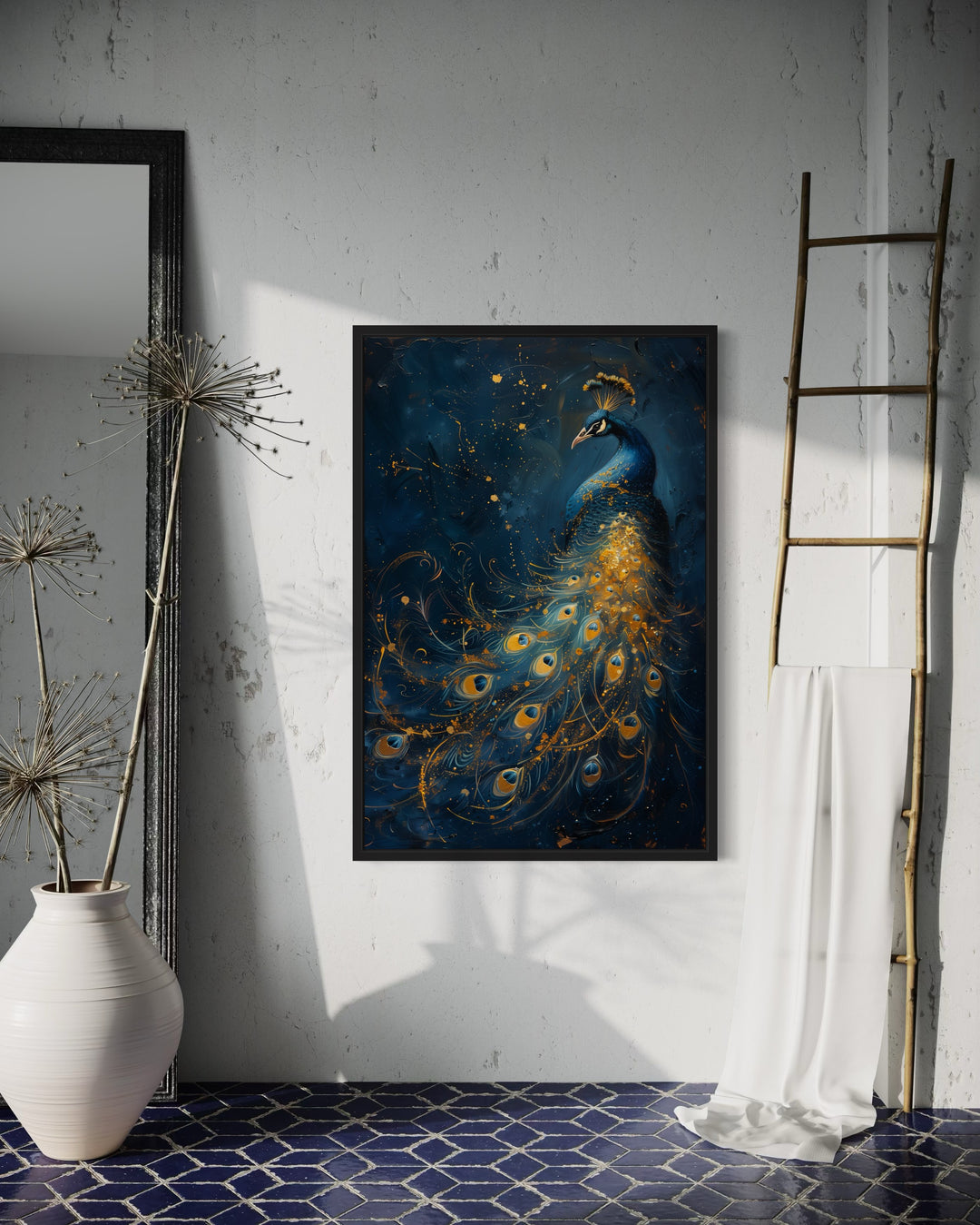 Navy Blue Gold Peacock Framed Canvas Wall Art