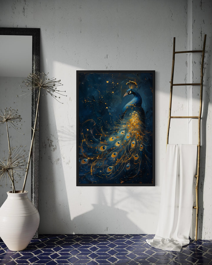Navy Blue Gold Peacock Framed Canvas Wall Art