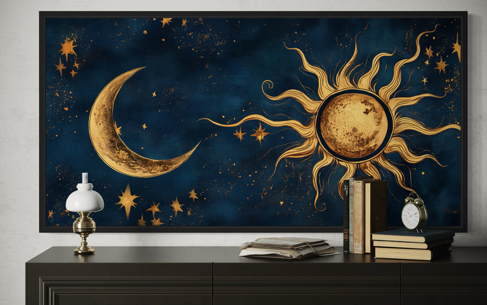 Navy Blue Gold Sun And Moon Celestial Framed Canvas Wall Art