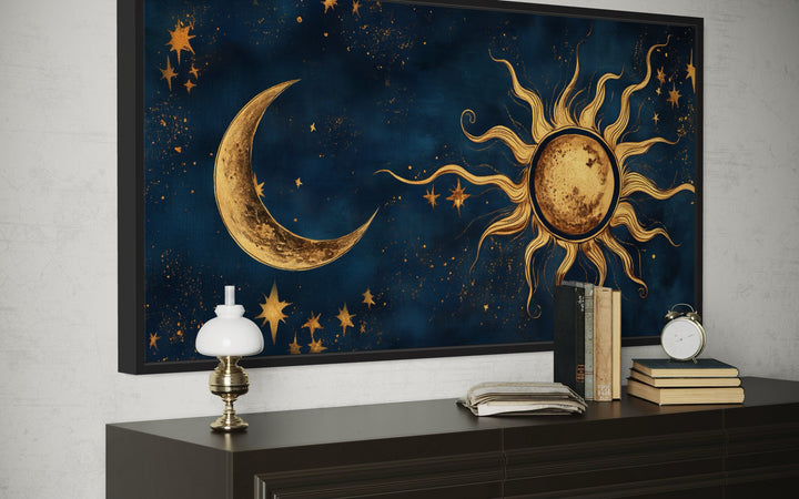 Navy Blue Gold Sun And Moon Celestial Framed Canvas Wall Art