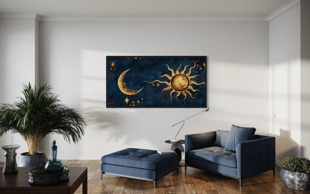 Navy Blue Gold Sun And Moon Celestial Framed Canvas Wall Art