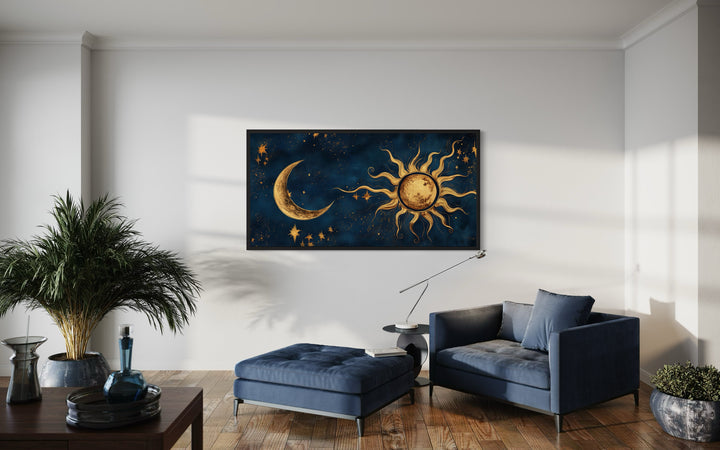 Navy Blue Gold Sun And Moon Celestial Framed Canvas Wall Art