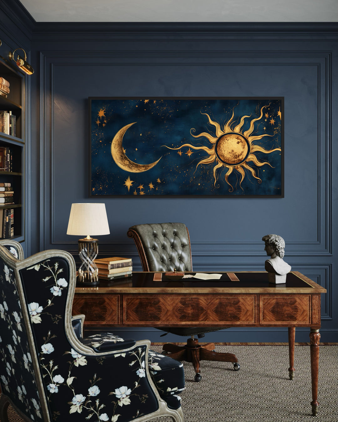 Navy Blue Gold Sun And Moon Celestial Framed Canvas Wall Art