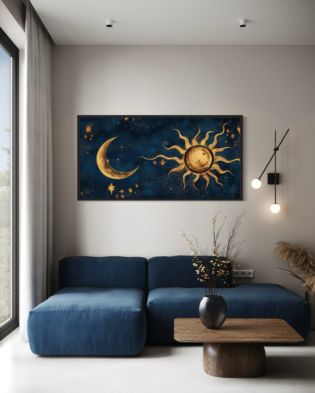 Navy Blue Gold Sun And Moon Celestial Framed Canvas Wall Art