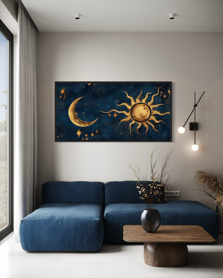 Navy Blue Gold Sun And Moon Celestial Framed Canvas Wall Art