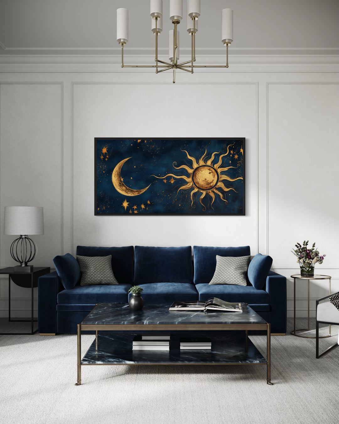 Navy Blue Gold Sun And Moon Celestial Framed Canvas Wall Art