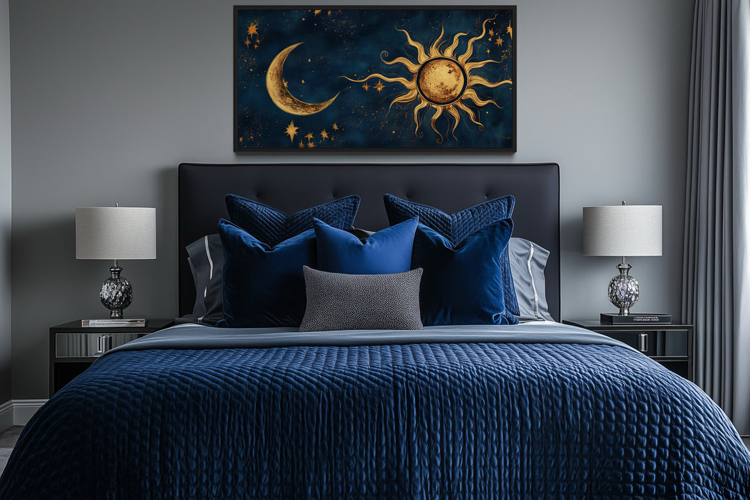 Navy Blue Gold Sun And Moon Celestial Framed Canvas Wall Art