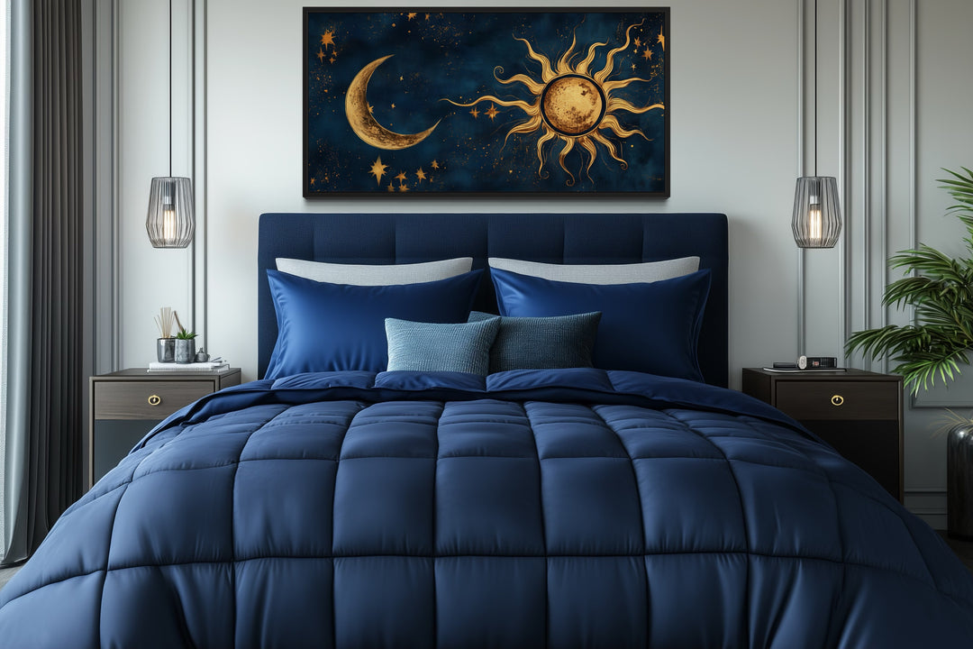 Navy Blue Gold Sun And Moon Celestial Framed Canvas Wall Art
