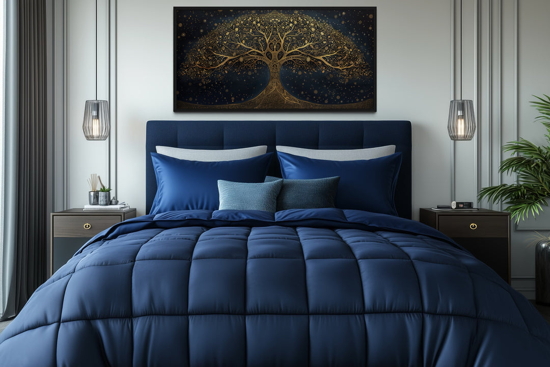 Navy Blue Gold Tree Of Life Luxury Framed Canvas Wall Art
