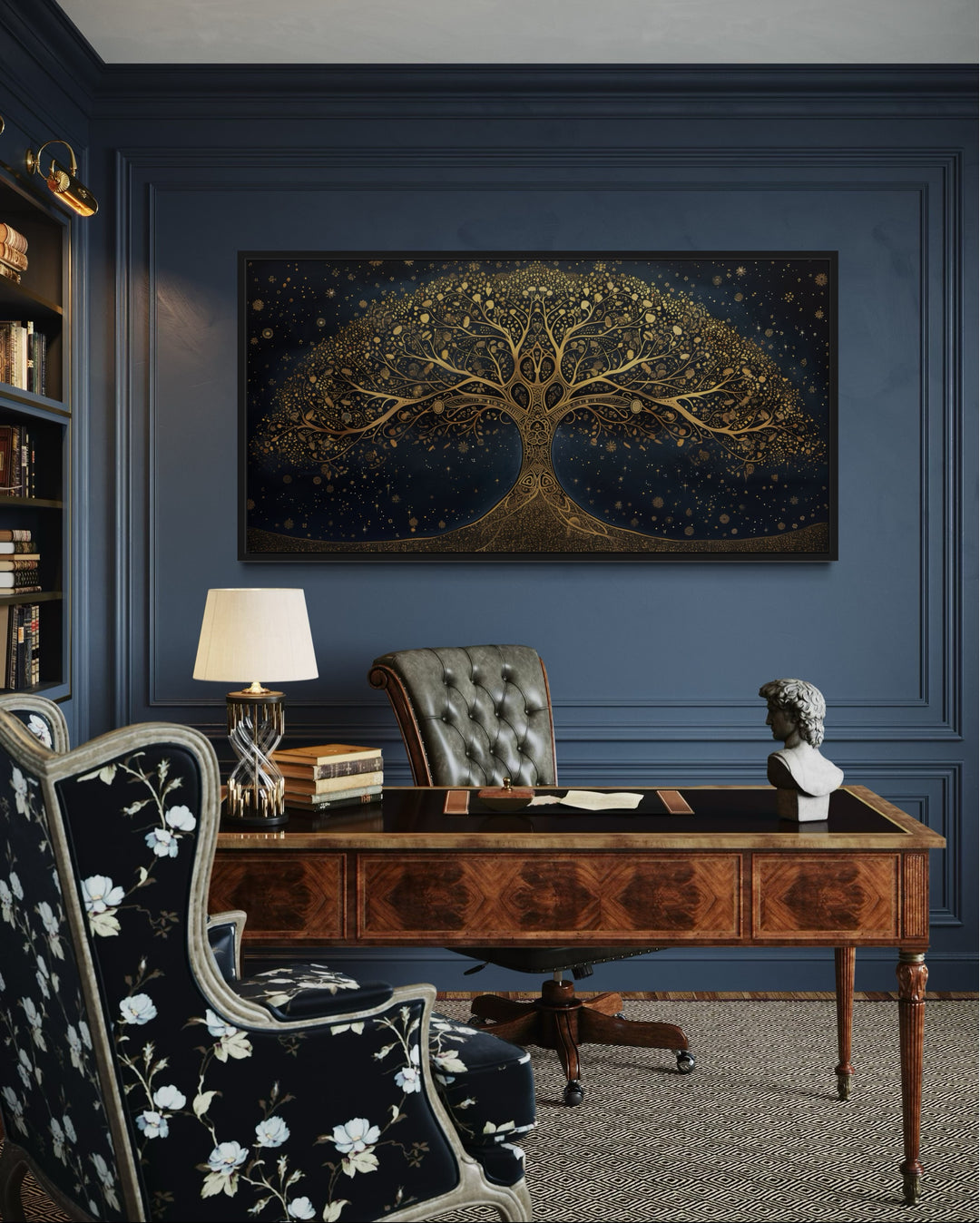 Navy Blue Gold Tree Of Life Luxury Framed Canvas Wall Art