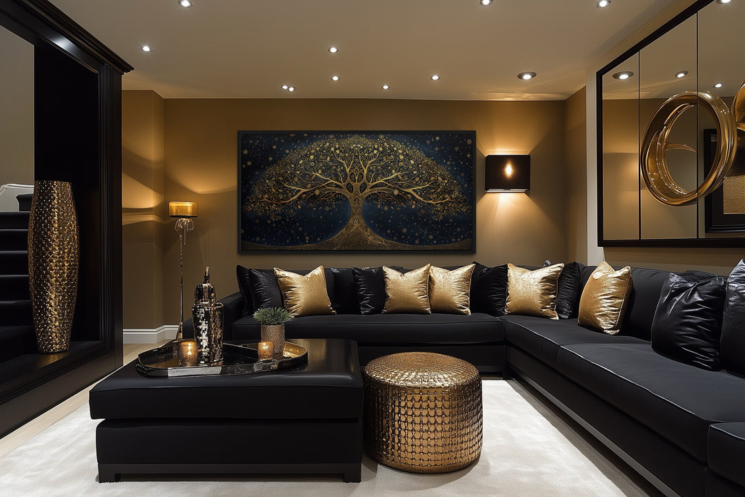 Navy Blue Gold Tree Of Life Luxury Framed Canvas Wall Art