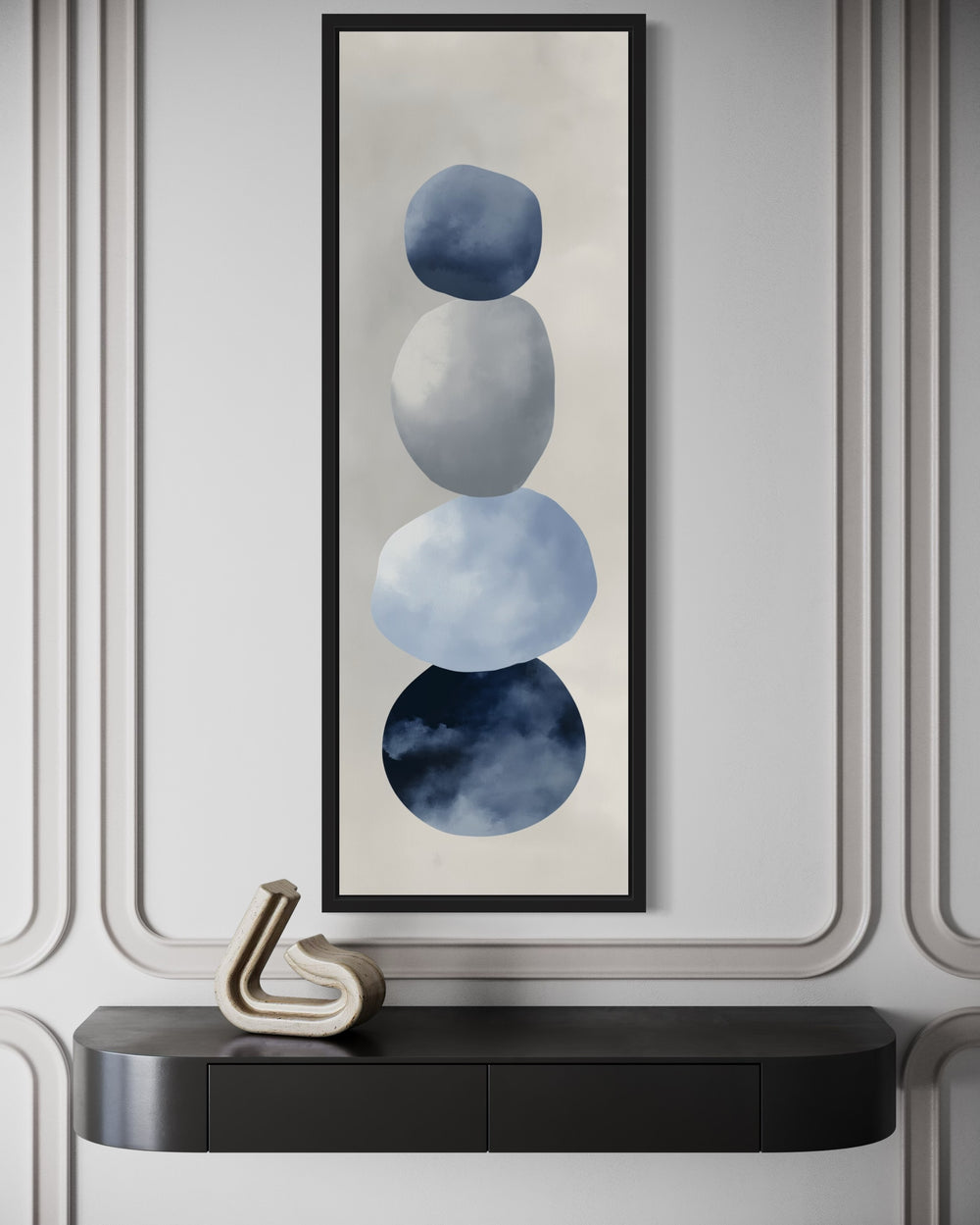 Navy Blue Grey Beige Shapes Vertical Narrow Canvas Wall Art