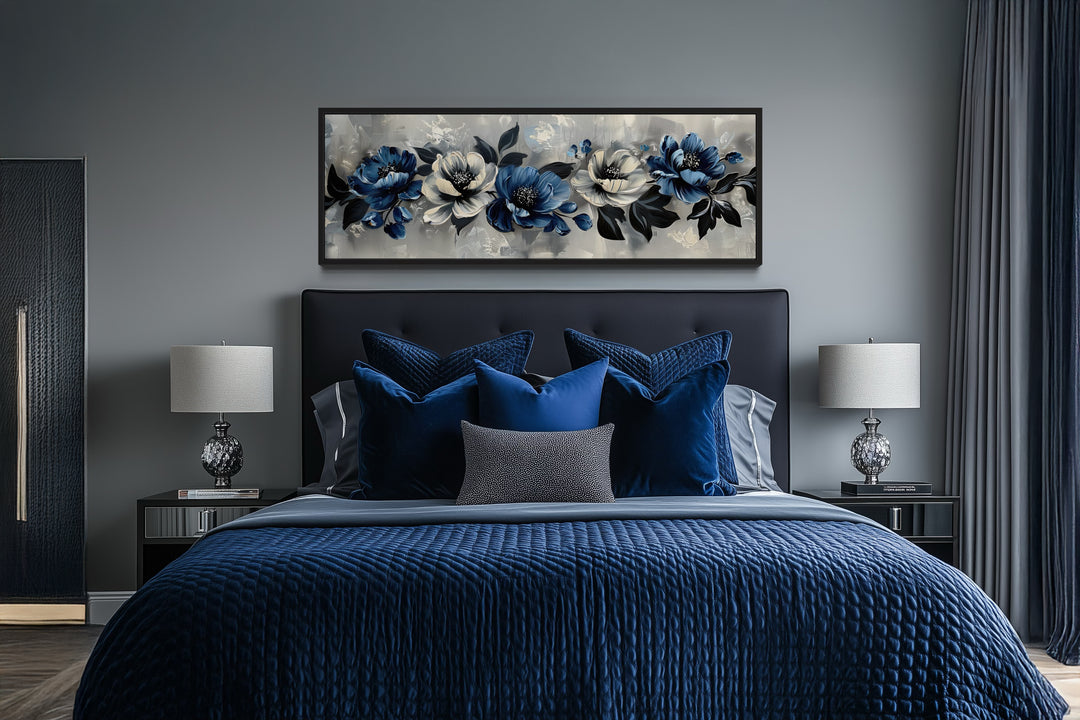 Navy Blue Grey White Floral Above Bed Horizontal Framed Canvas Wall Art