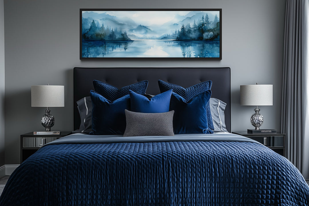 Navy Blue Lake Landscape Long Narrow Horizontal Wall Art