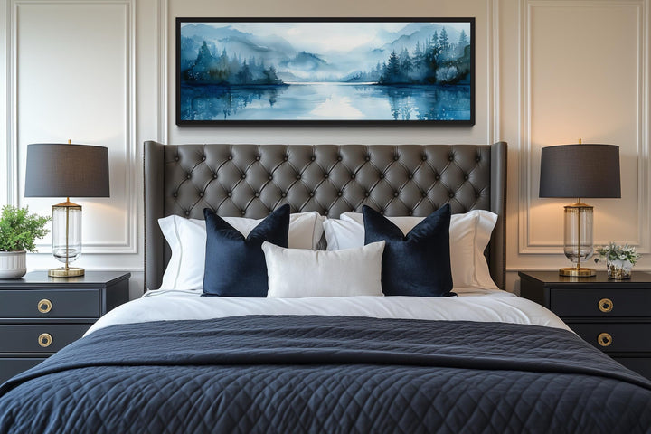 Navy Blue Minimalist Lake Landscape Panoramic Above Bed Wall Art