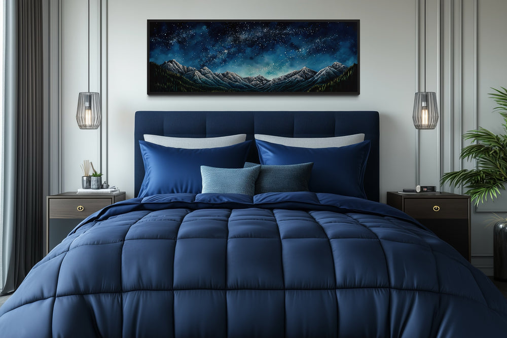 Navy Blue Starry Night Sky Over Mountains Horizontal Framed Canvas Wall Art