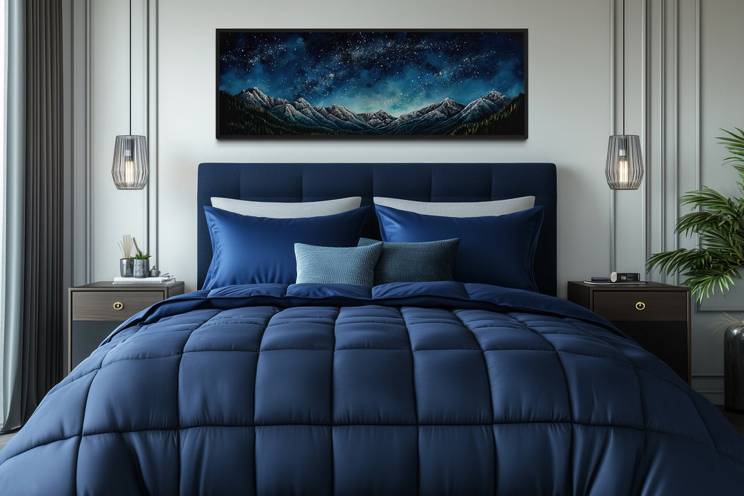 Navy Blue Starry Night Sky Over Mountains Horizontal Framed Canvas Wall Art