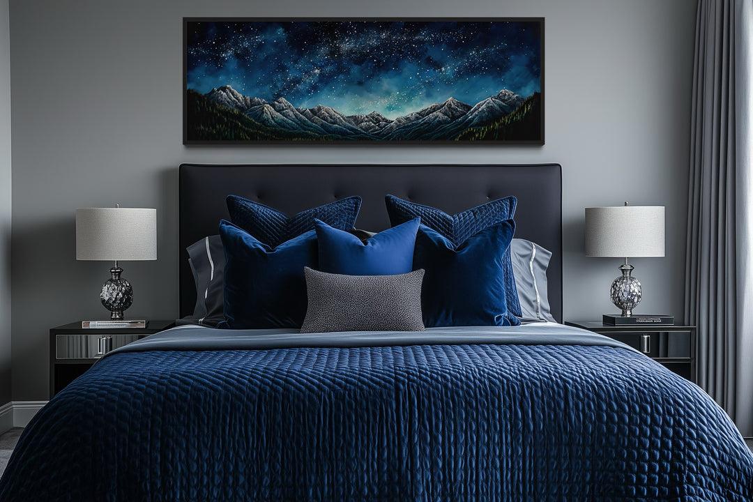 Navy Blue Starry Night Sky Over Mountains Horizontal Framed Canvas Wall Art
