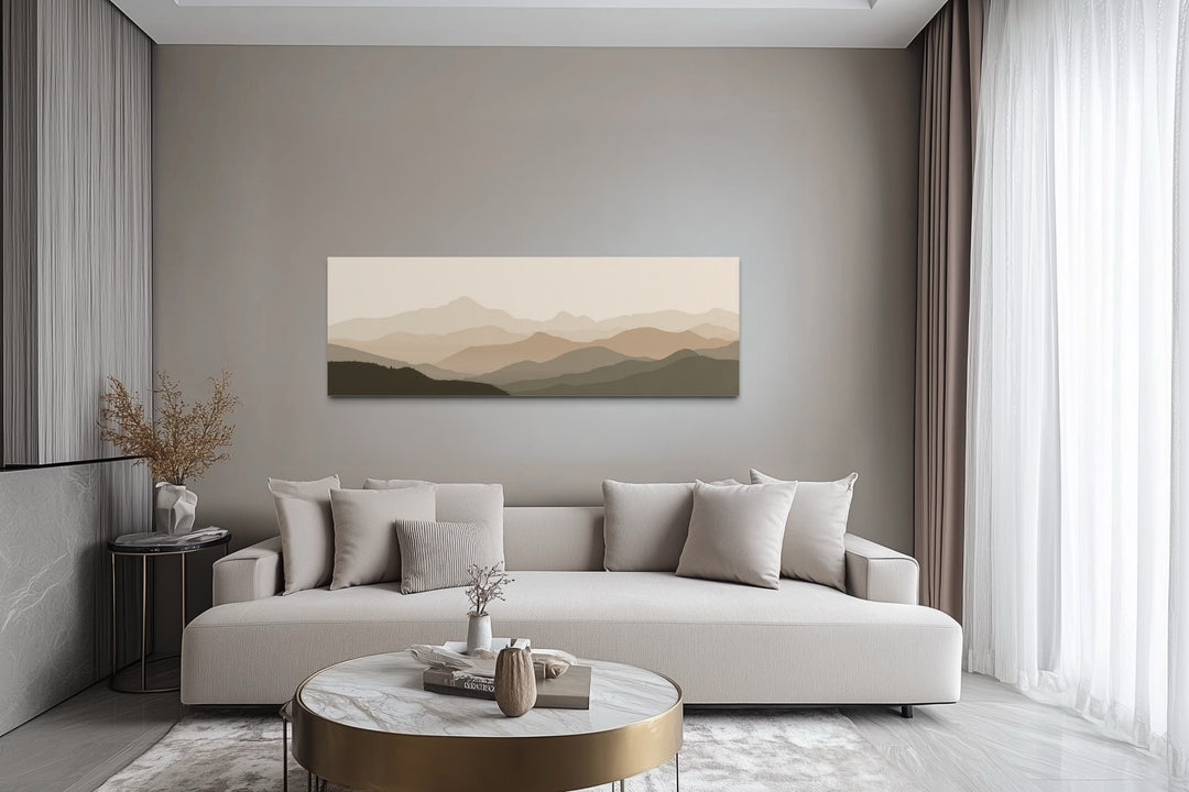Neutral Beige Brown Minimalist Mountain Landscape Above Bed Wall Art