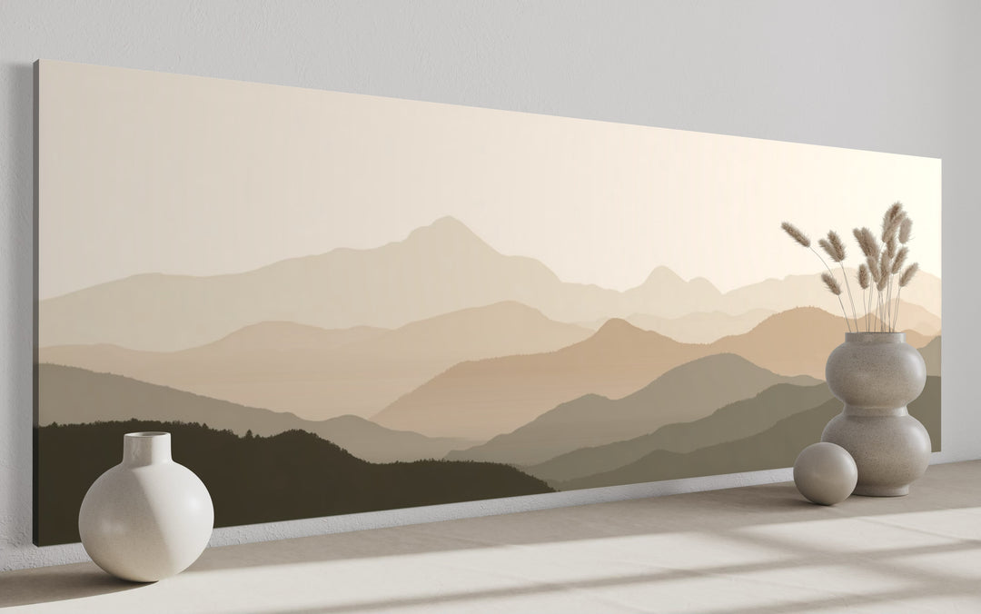Neutral Beige Brown Minimalist Mountain Landscape Above Bed Wall Art