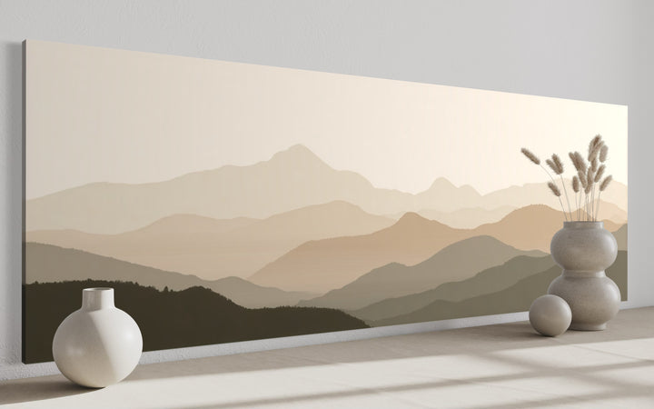 Neutral Beige Brown Minimalist Mountain Landscape Above Bed Wall Art