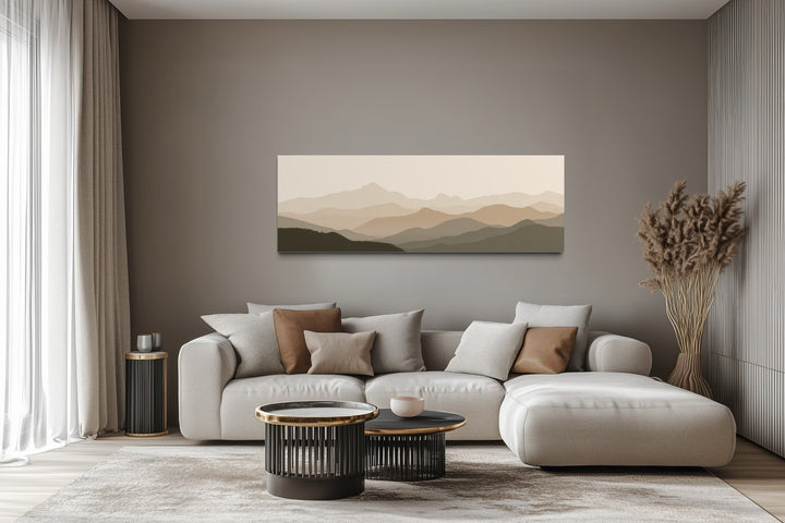 Neutral Beige Brown Minimalist Mountain Landscape Above Bed Wall Art