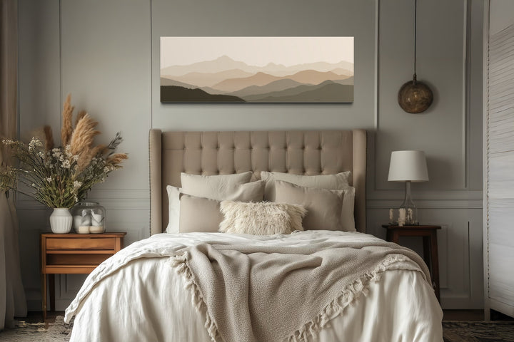 Neutral Beige Brown Minimalist Mountain Landscape Above Bed Wall Art