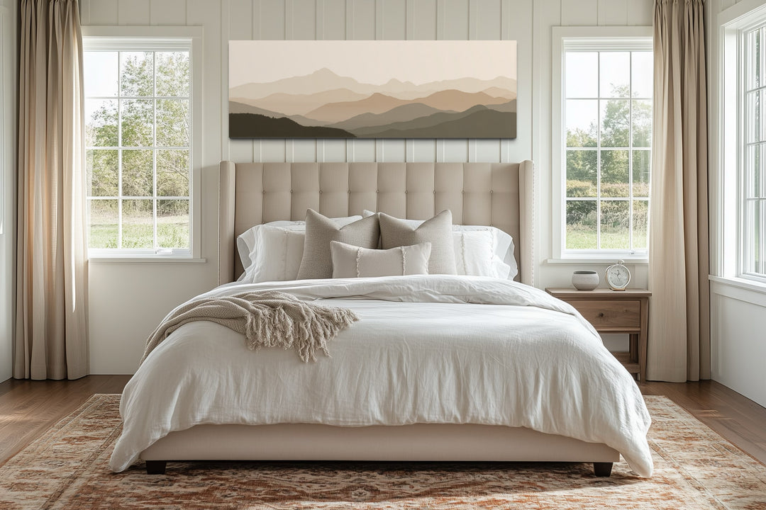 Neutral Beige Brown Minimalist Mountain Landscape Above Bed Wall Art