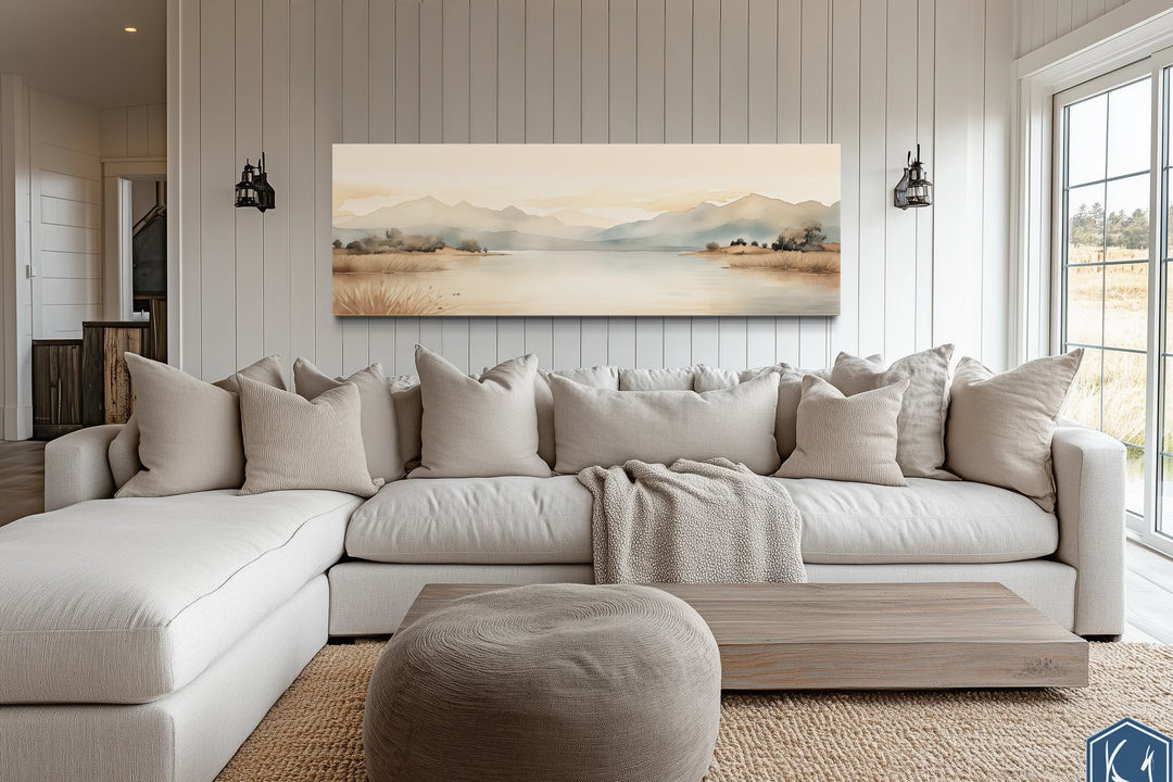 Neutral Beige Mountains Lake Long Narrow Framed Canvas Wall Art
