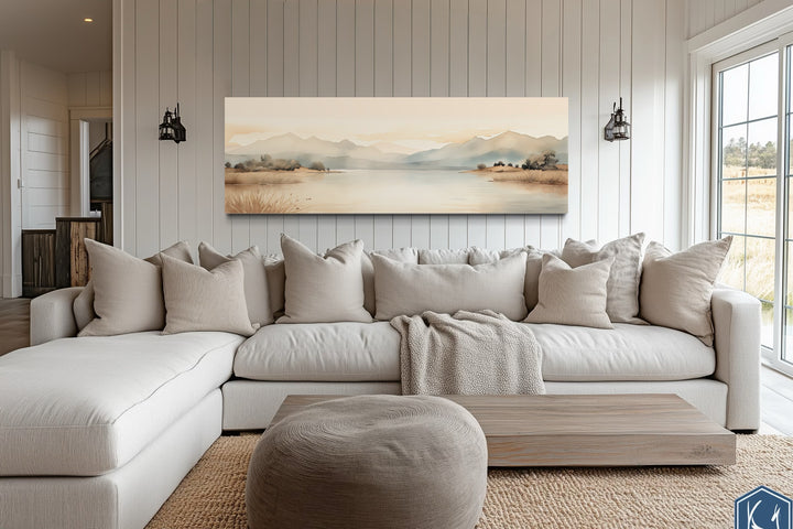 Neutral Beige Mountains Lake Long Narrow Framed Canvas Wall Art