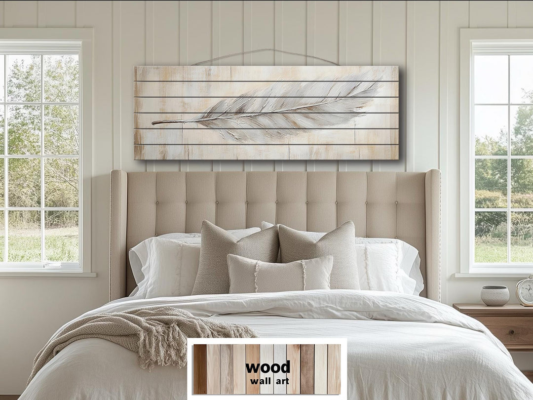 Neutral Boho Feather Long Horizontal Distressed Wood Wall Art