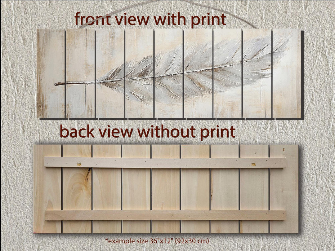 Neutral Boho Feather Long Horizontal Distressed Wood Wall Art