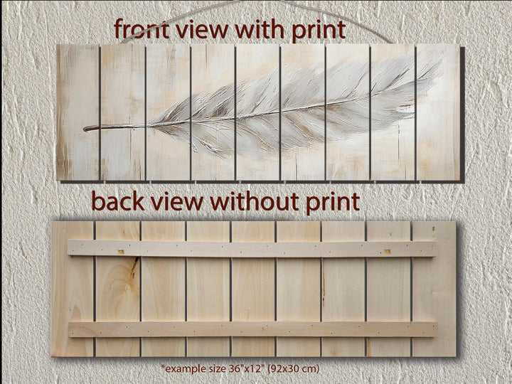 Neutral Boho Feather Long Horizontal Distressed Wood Wall Art