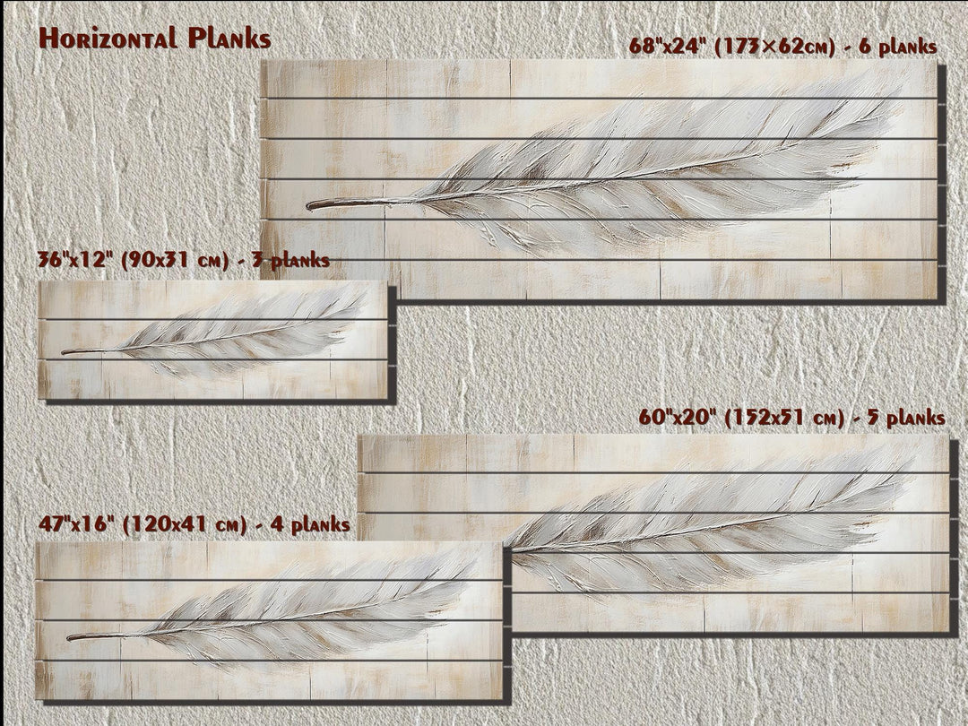 Neutral Boho Feather Long Horizontal Distressed Wood Wall Art
