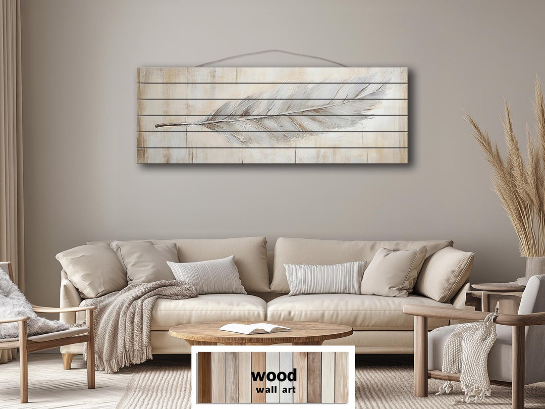 Neutral Boho Feather Long Horizontal Distressed Wood Wall Art