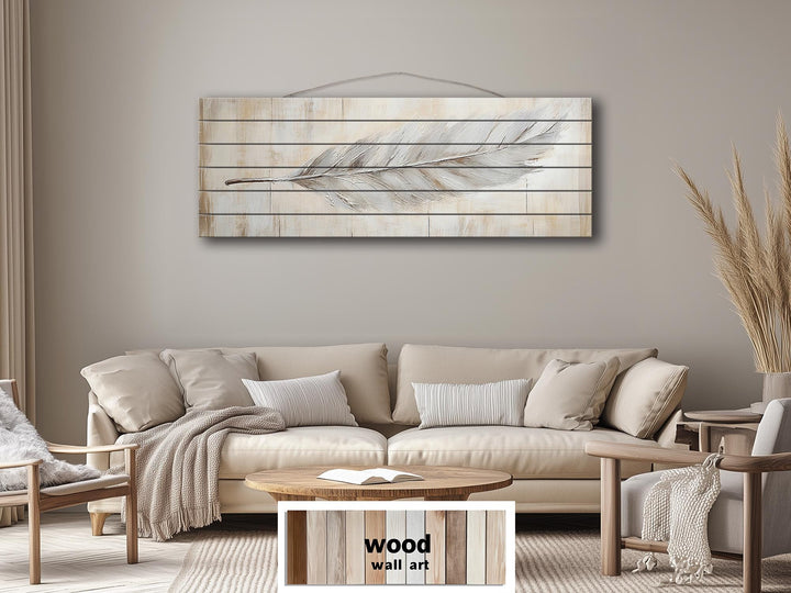 Neutral Boho Feather Long Horizontal Distressed Wood Wall Art