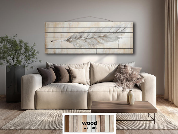 Neutral Boho Feather Long Horizontal Distressed Wood Wall Art