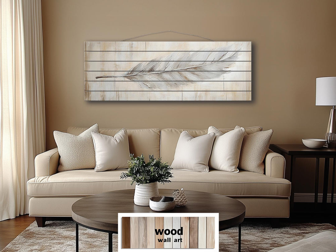 Neutral Boho Feather Long Horizontal Distressed Wood Wall Art