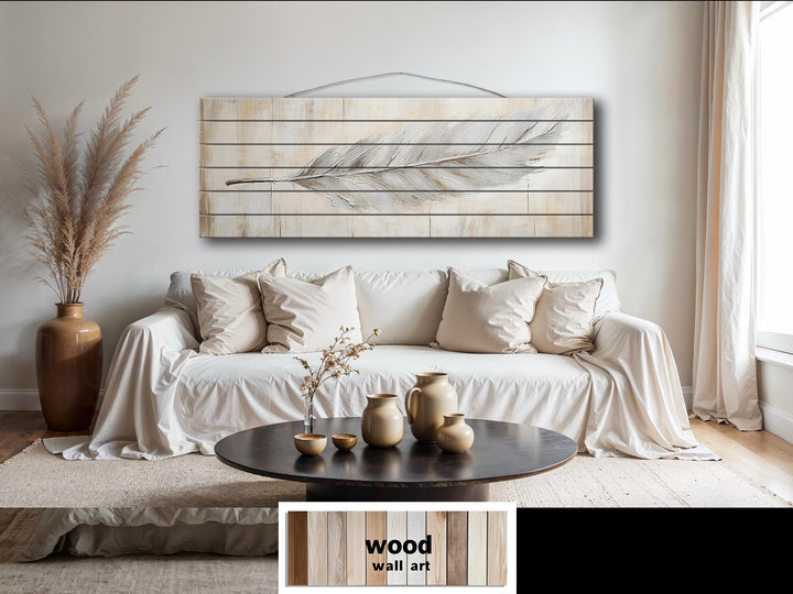Neutral Boho Feather Long Horizontal Distressed Wood Wall Art