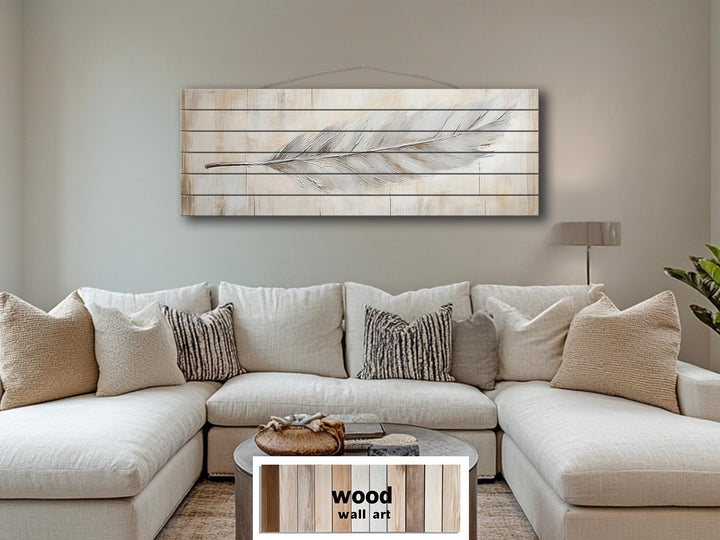 Neutral Boho Feather Long Horizontal Distressed Wood Wall Art